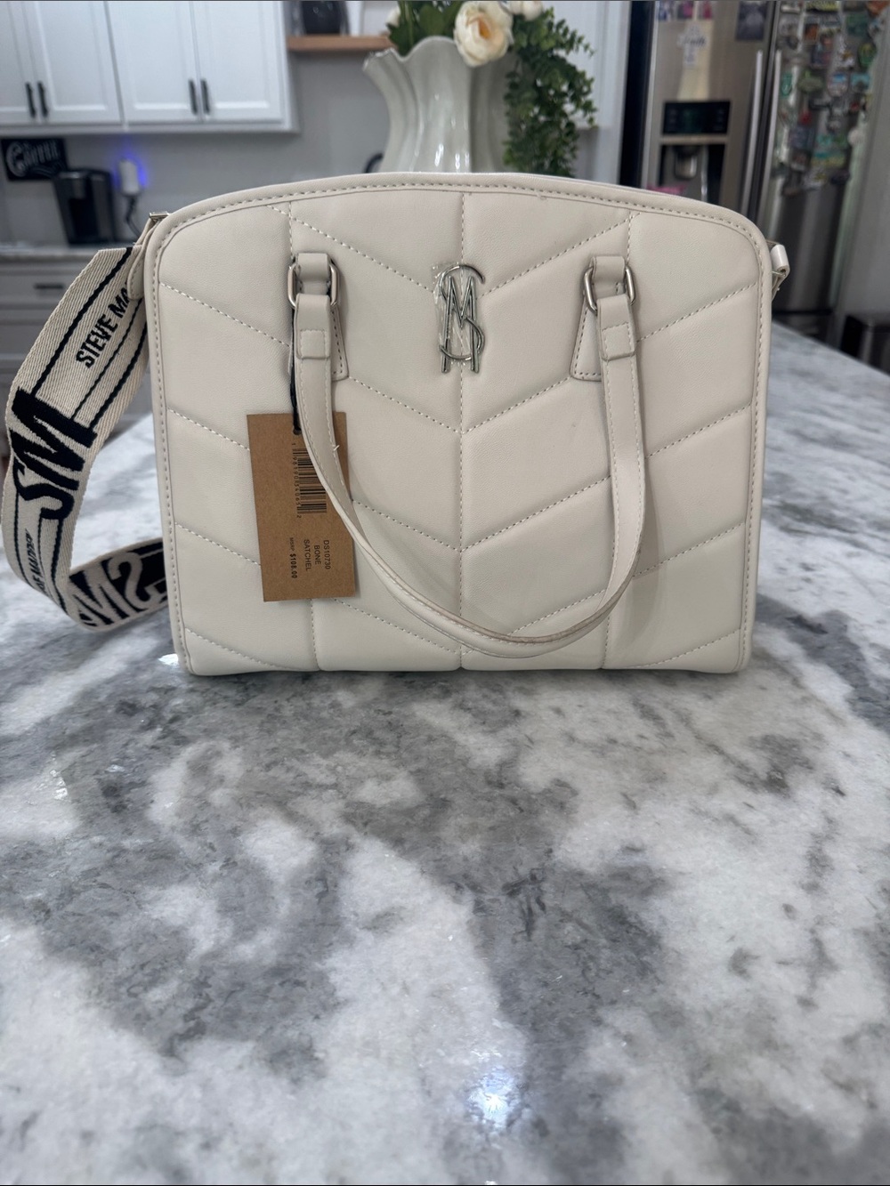 Steve Madden Cream Quilted Satchel with Logo Strap (Ivory Tone)